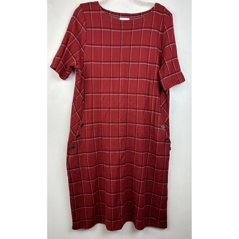 J Jill Dress Sz L Sheath Sepia Burgundy Open Pane Plaid Viscose Blend Business